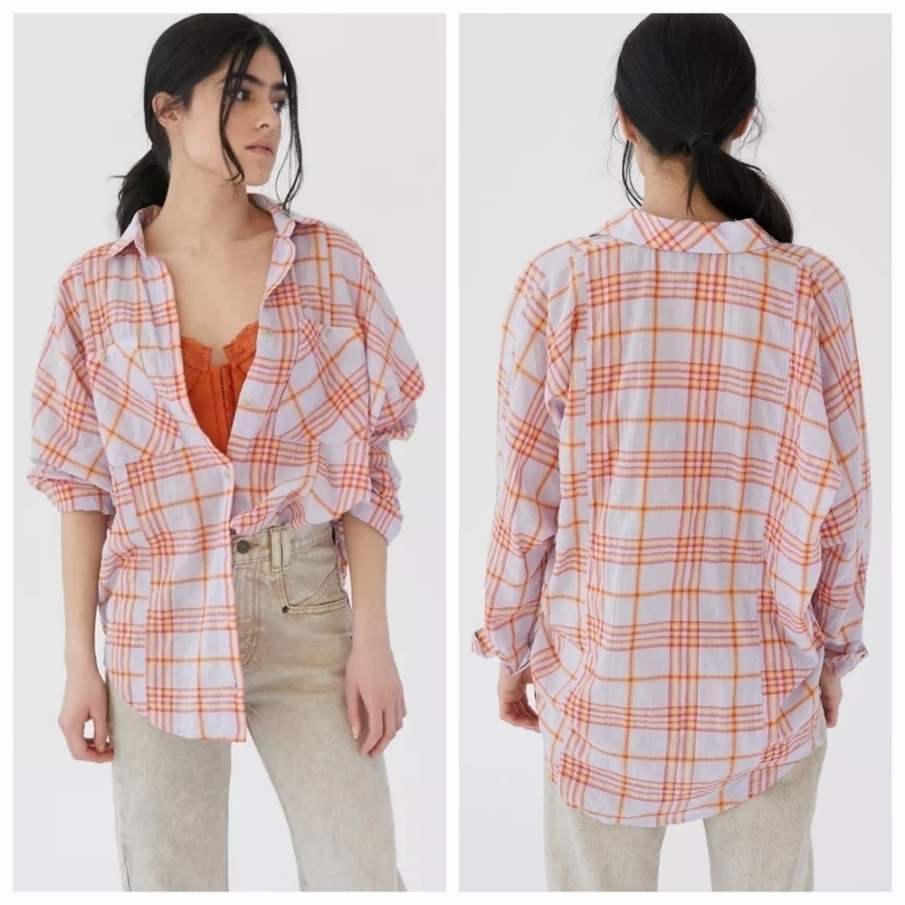 Urban Outfitters BDG Remi Oversized Button‎ Shirt Women Large Lilac Orange Plaid